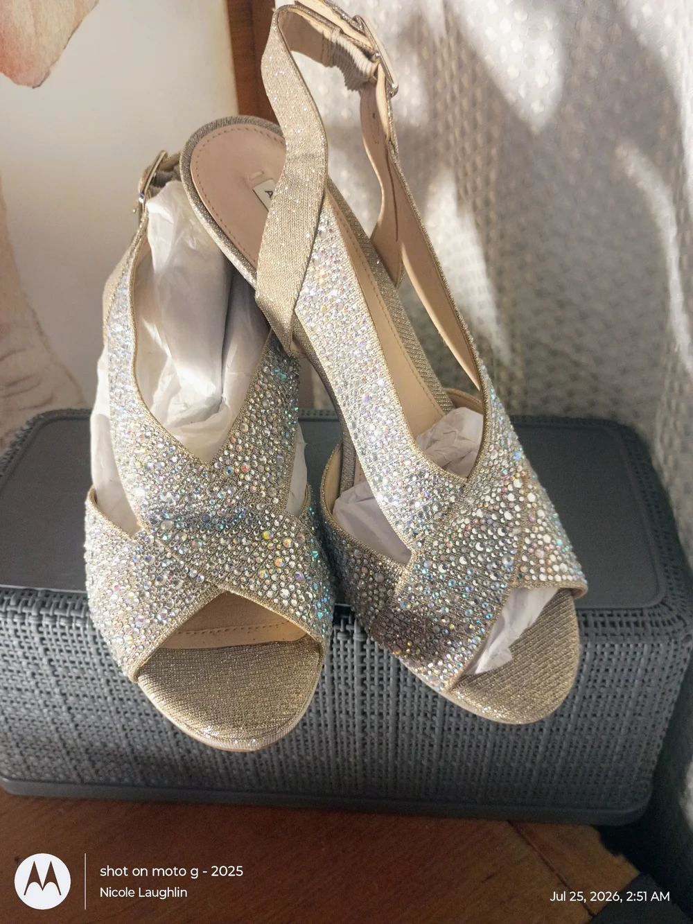 Alex Marie Gold Crystal Embellished Wedge Sandals